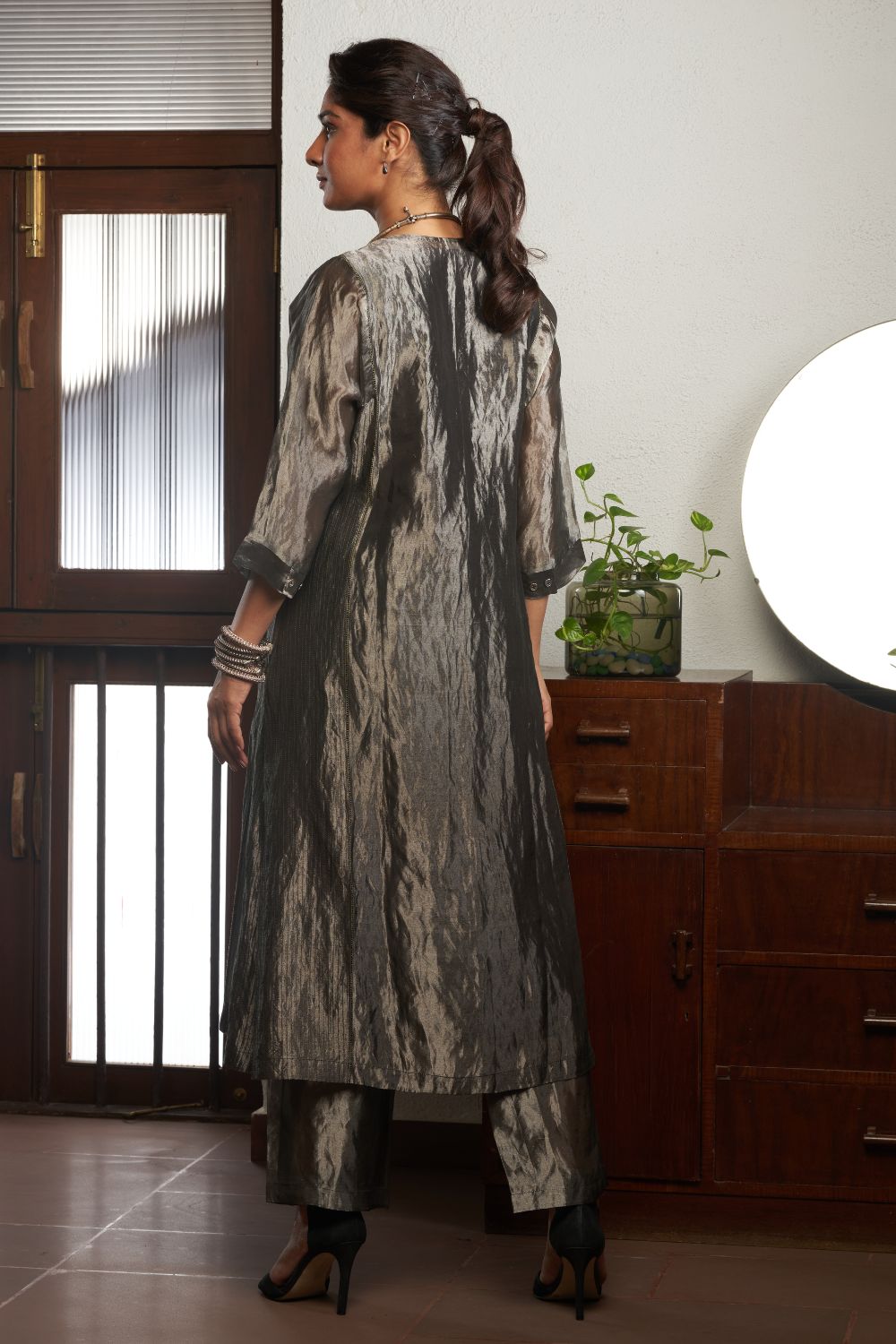 Charcoal Straight Silk Tussar Kurta with Linen Pants