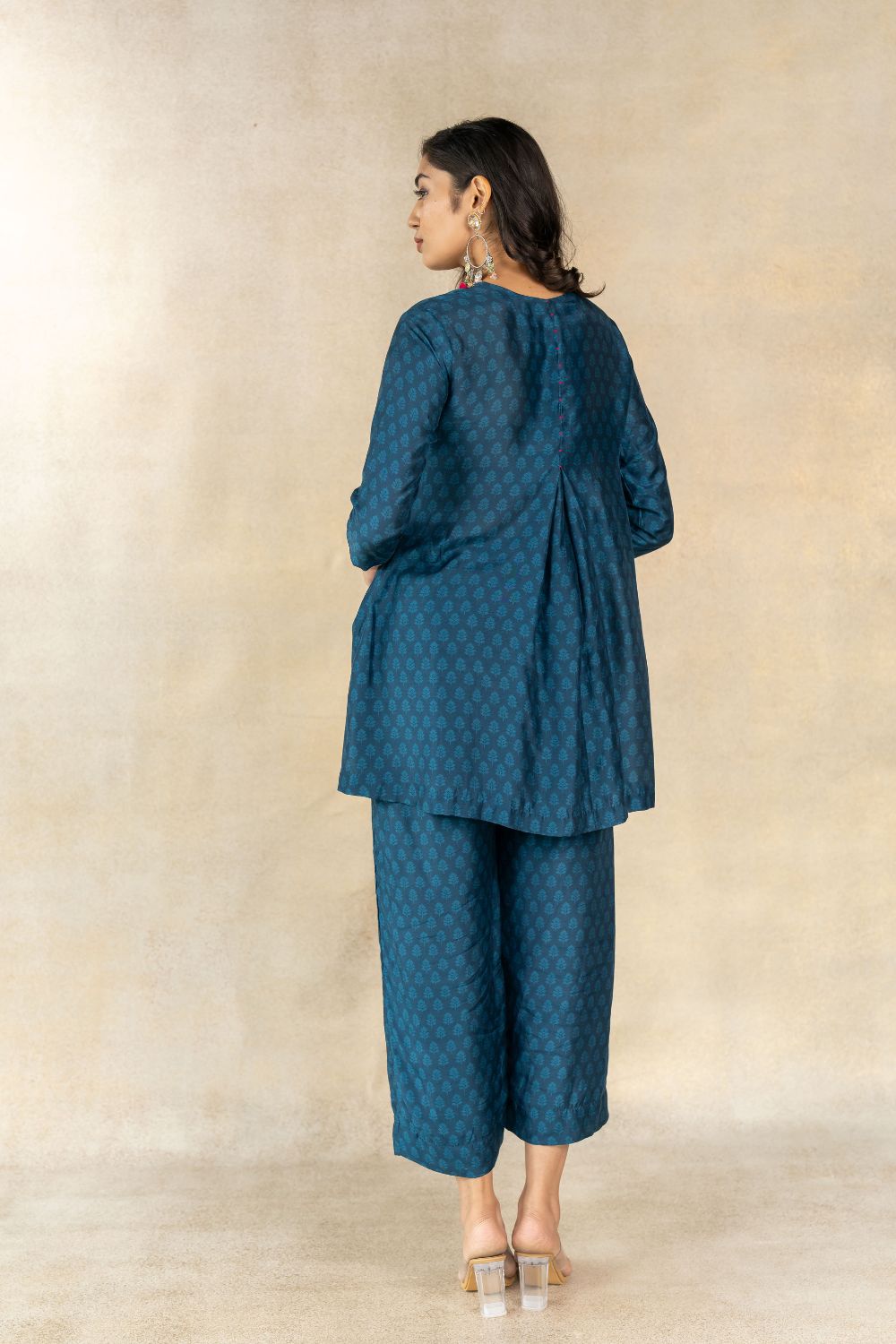 Teal blue tonal motif printed yoke embroidered co-ord set