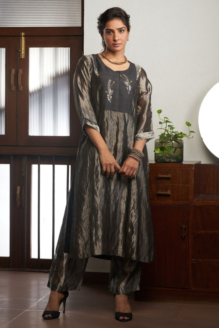 Charcoal Straight Silk Tussar Kurta with Linen Pants