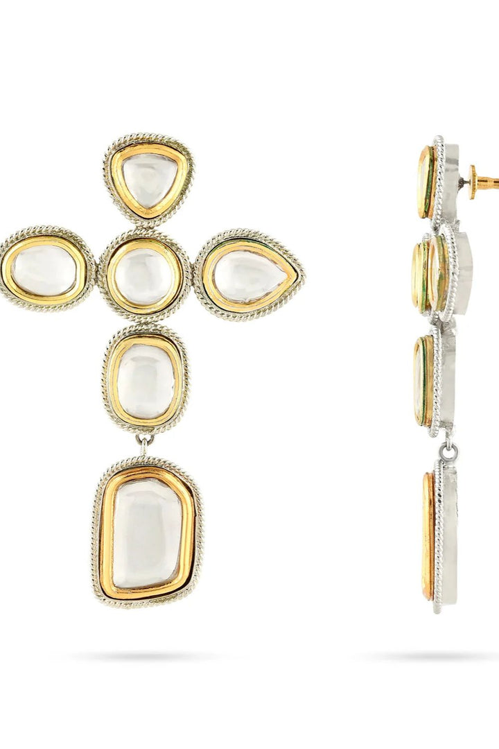 Gold & Silver Polki Cross Earrings