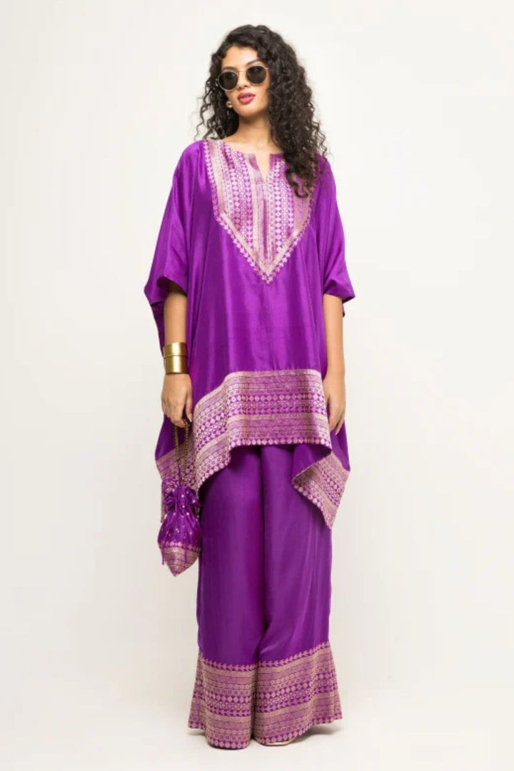 Triya-Asymmetrical Benerasi Silk Kurta & Pants set with brocade detail (Purple)