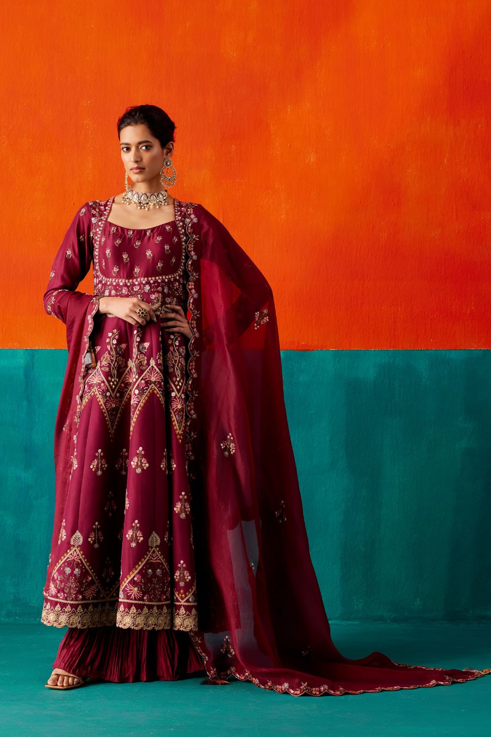 Wine Anarkali Set