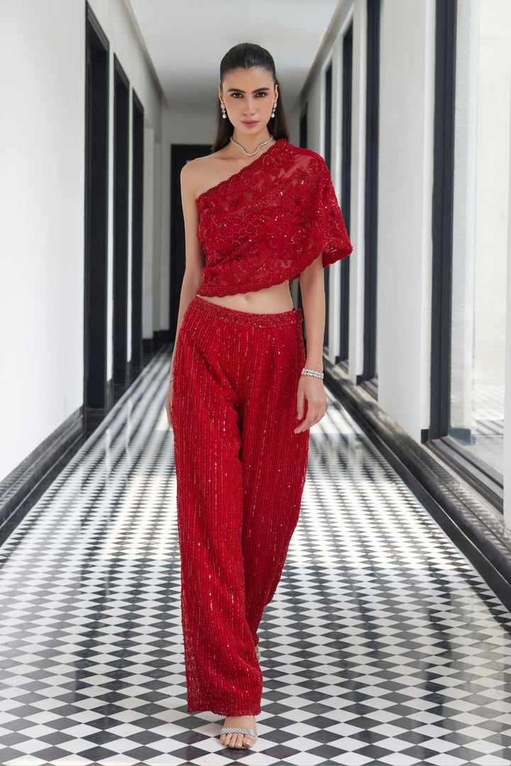 Red Off Shoulder Top with Embroidered Pants