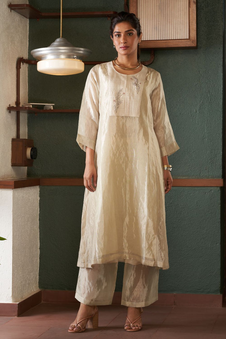 Natural Straight Silk Tussar Kurta with Linen Pants