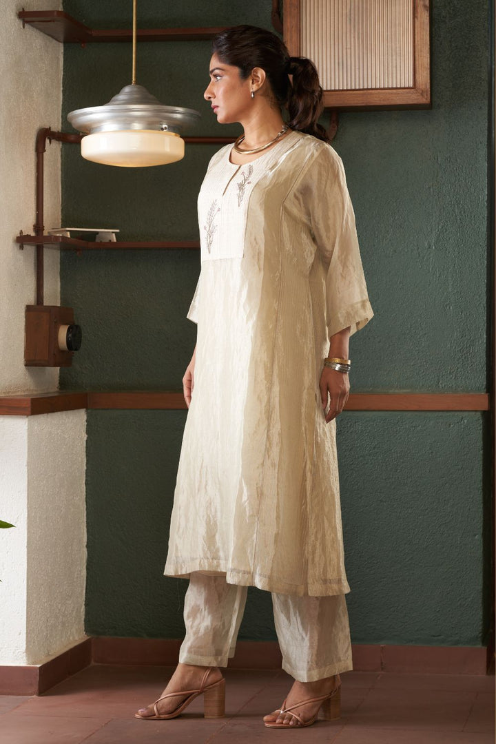 Natural Straight Silk Tussar Kurta with Linen Pants