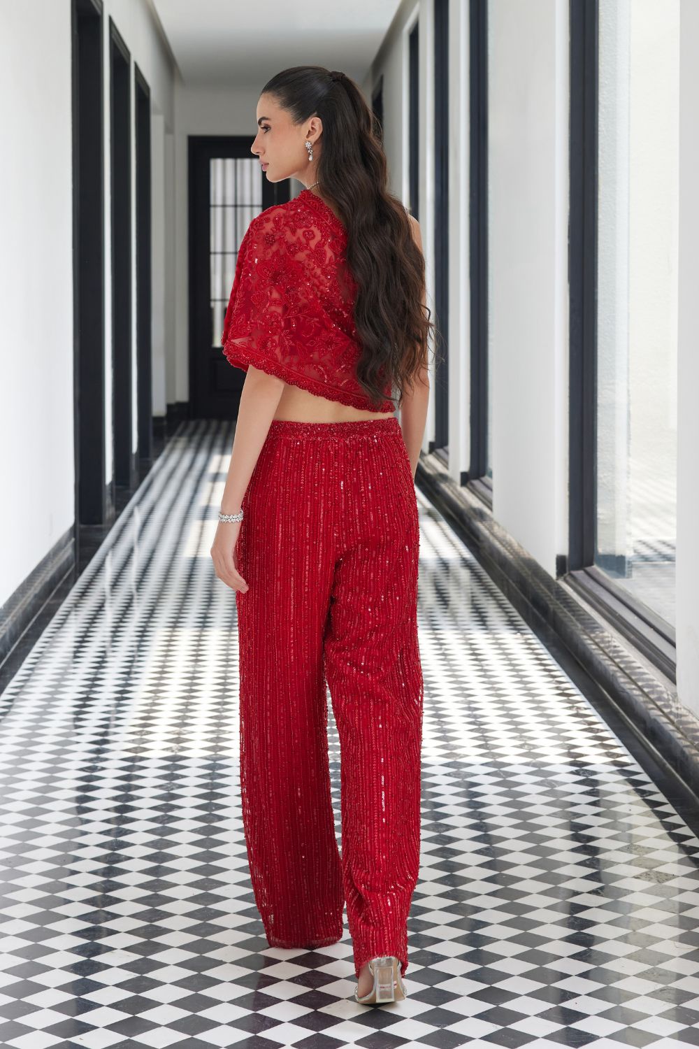 Red Off Shoulder Top with Embroidered Pants