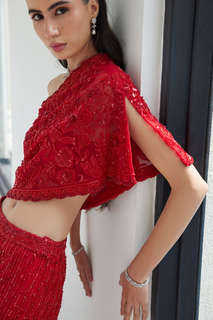 Red Off Shoulder Top with Embroidered Pants