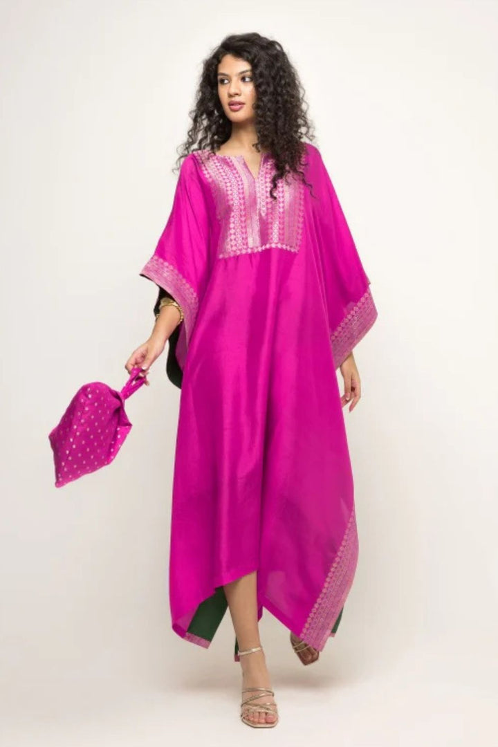 Siya-Silk Kaftan with Brocade detail (Pink)