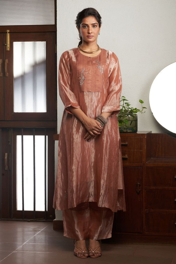 Peach Straight Silk Tussar Kurta with Linen Pants