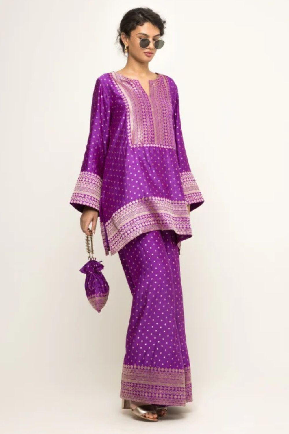 Sitara-Dotted Silk Kurta set with Benerasi Brocade weave border details (Purple)