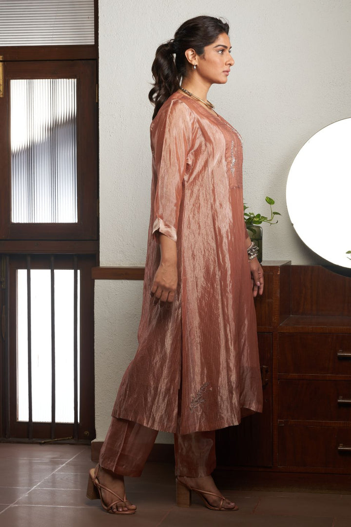 Peach Straight Silk Tussar Kurta with Linen Pants