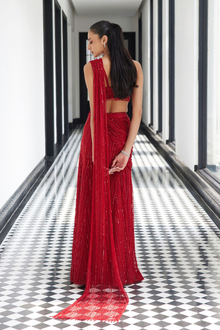 Red Draped Saree with a Slit Skirt