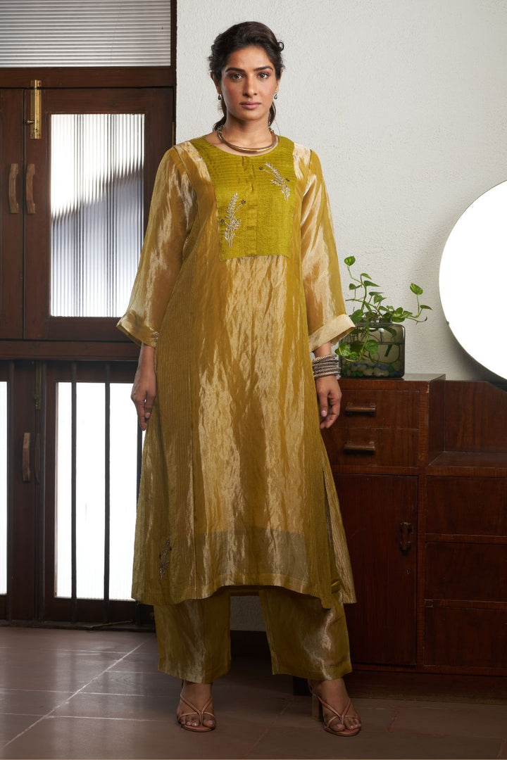 Mustard Straight Silk Tussar Kurta with Linen Pants