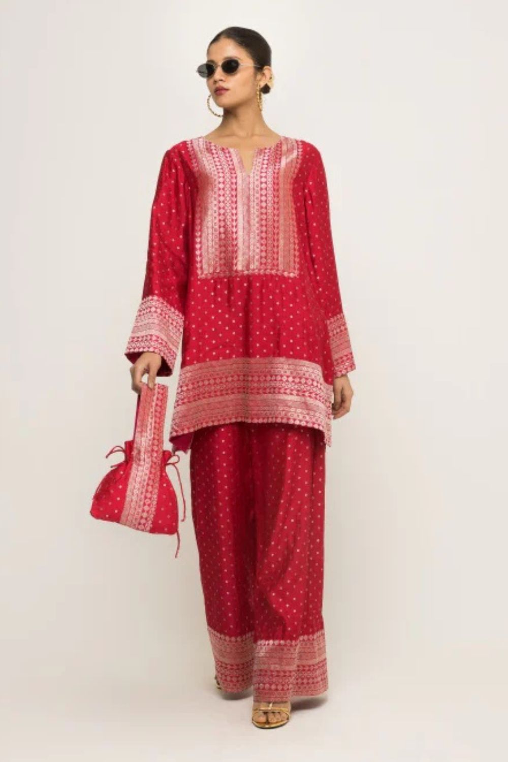 Sitara-Dotted Silk Kurta set with Benerasi Brocade weave border details (Red)