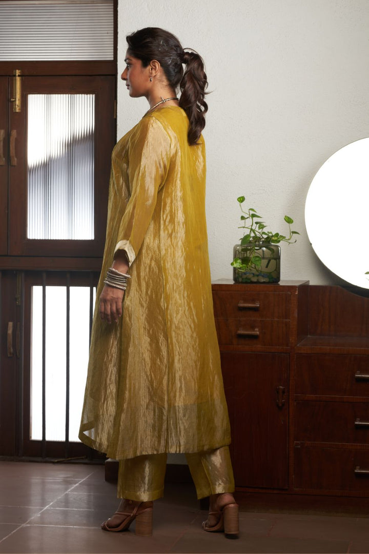 Mustard Straight Silk Tussar Kurta with Linen Pants