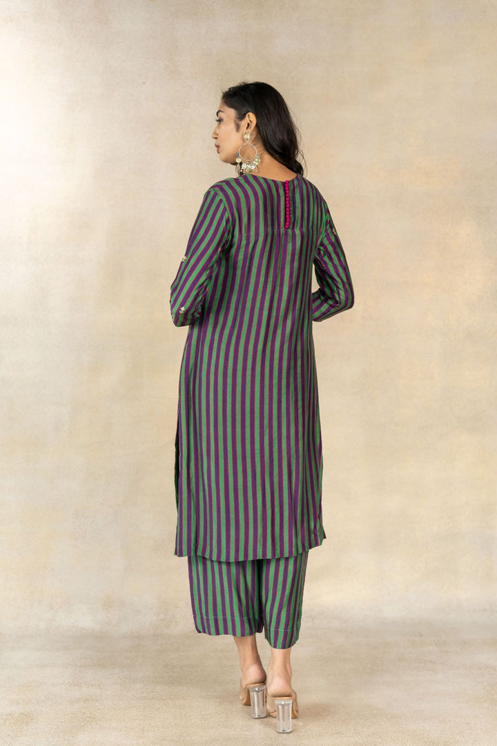 Green-purple multicolor striped printed kurta set