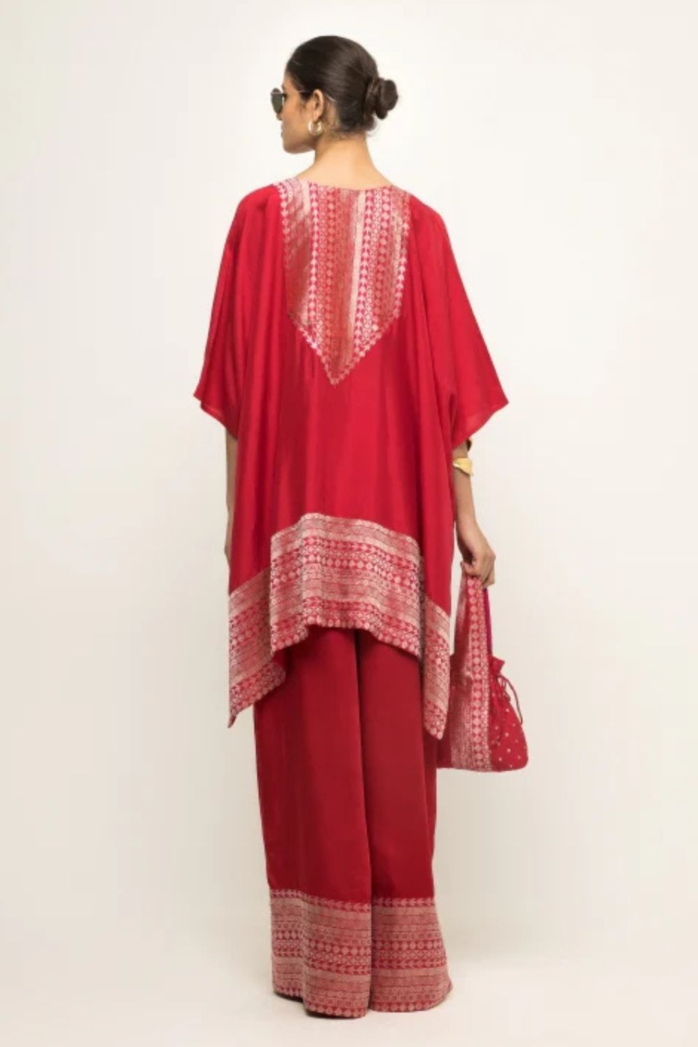 Triya-Assymetrical Benerasi Silk Kurta & Pants set with Brocade Detail (Red)