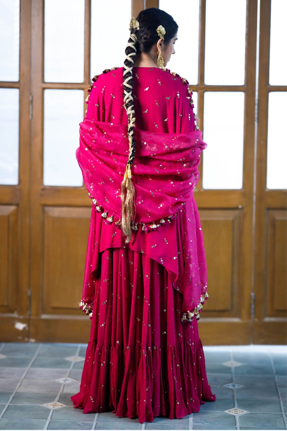 Magenta Embroidered Kaftan with Sharara & Dupatta