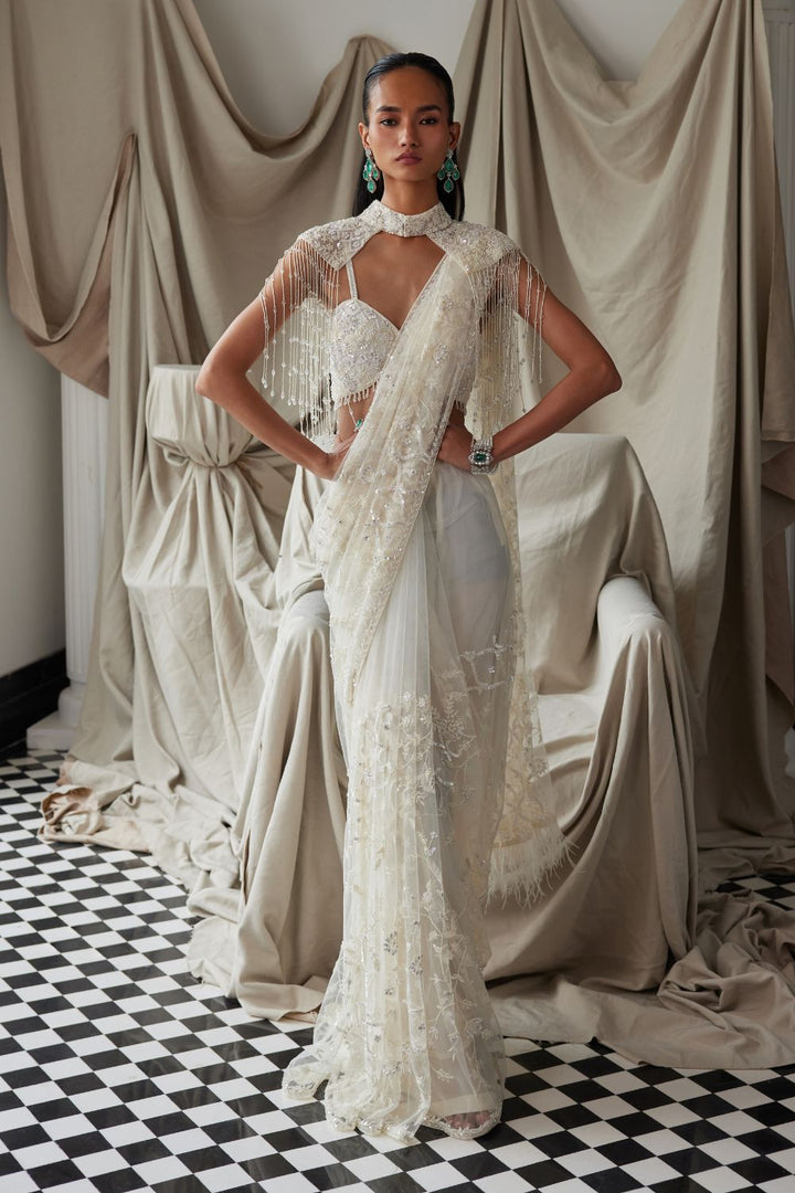 Ivory Cocktail Saree with a Shoulder Cape