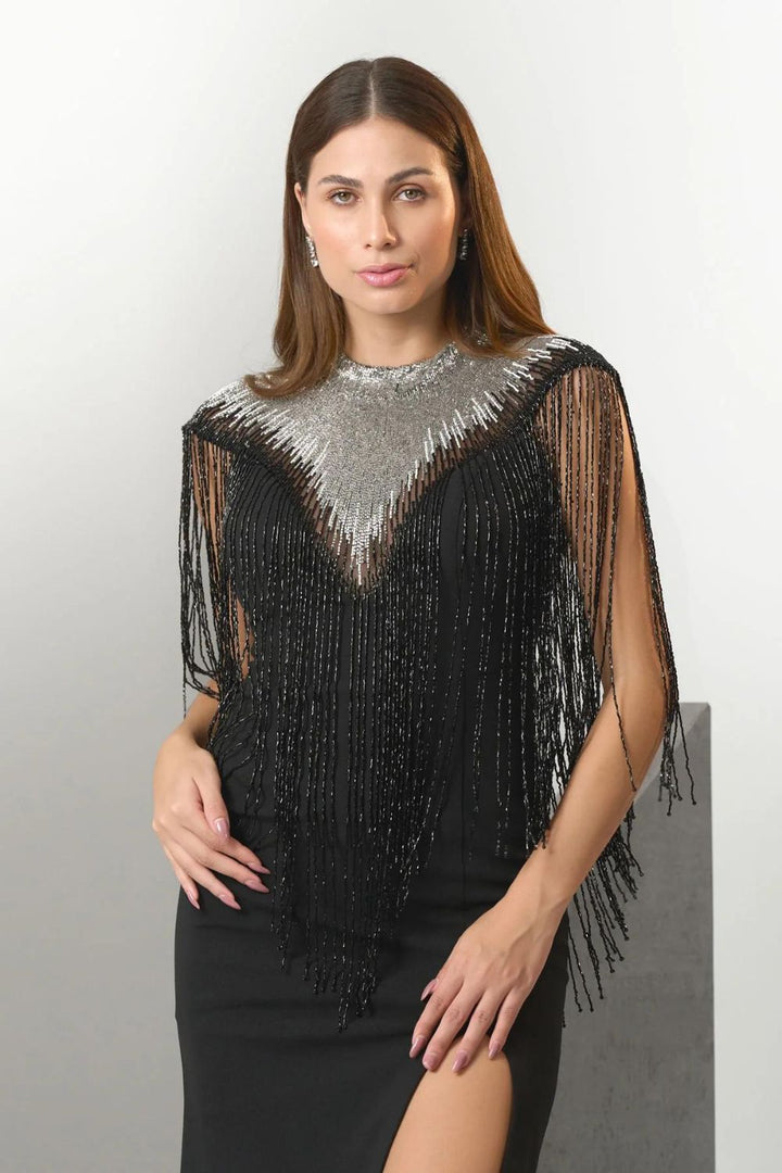 Zyra Crepe Fringes Jeweled Evening Gown