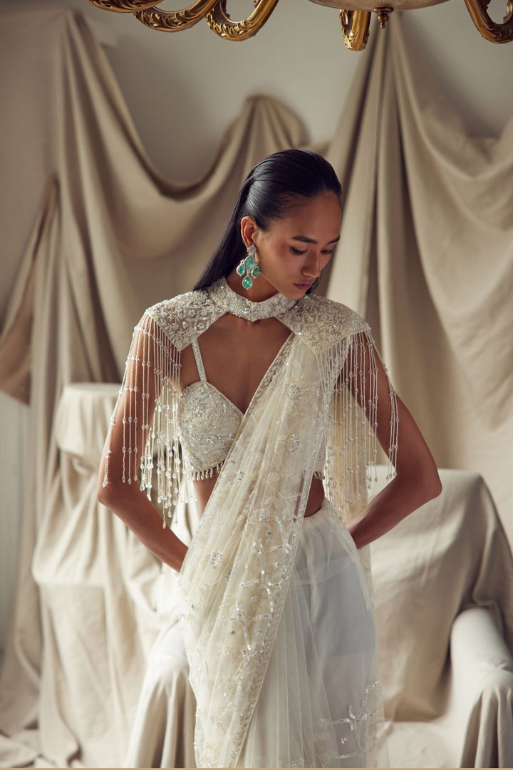 Ivory Cocktail Saree with a Shoulder Cape