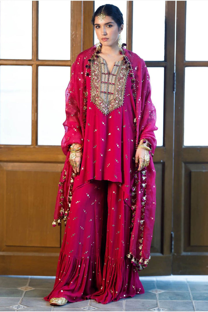 Magenta Embroidered Kaftan with Sharara & Dupatta