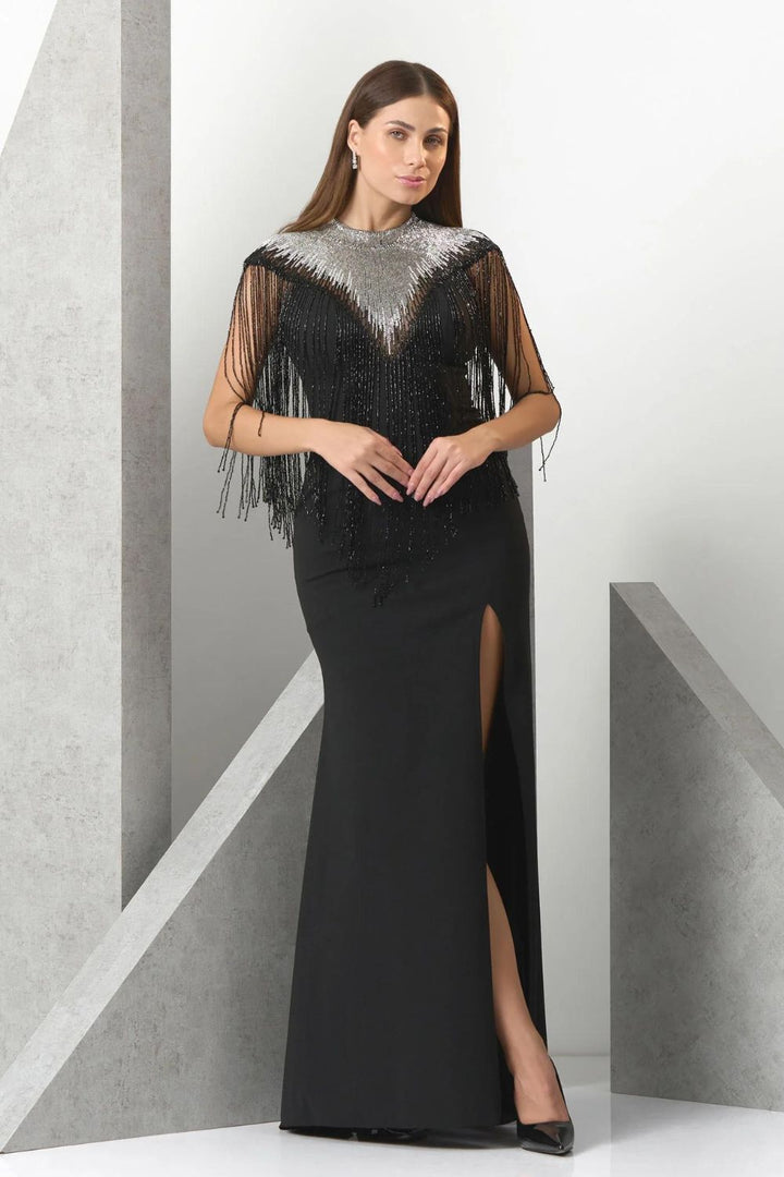 Zyra Crepe Fringes Jeweled Evening Gown