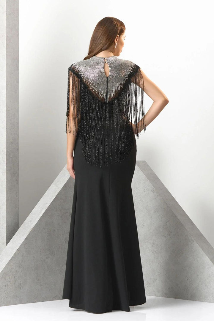 Zyra Crepe Fringes Jeweled Evening Gown