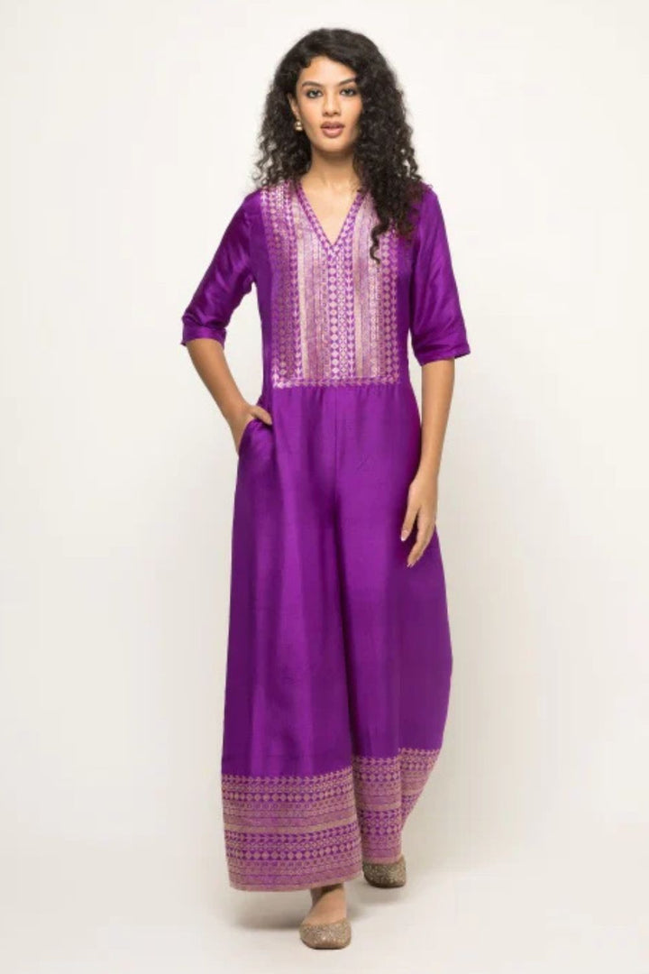 Sayra-Statement Silk Jumpsuit with Brocade detail (Purple)