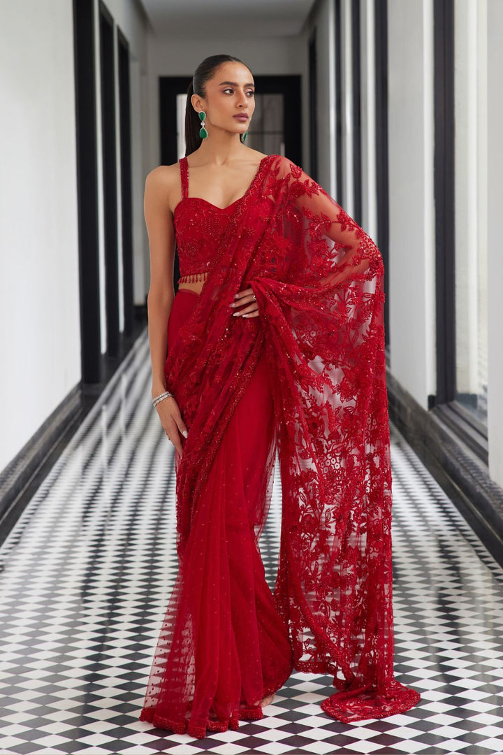 Red Cocktail Saree