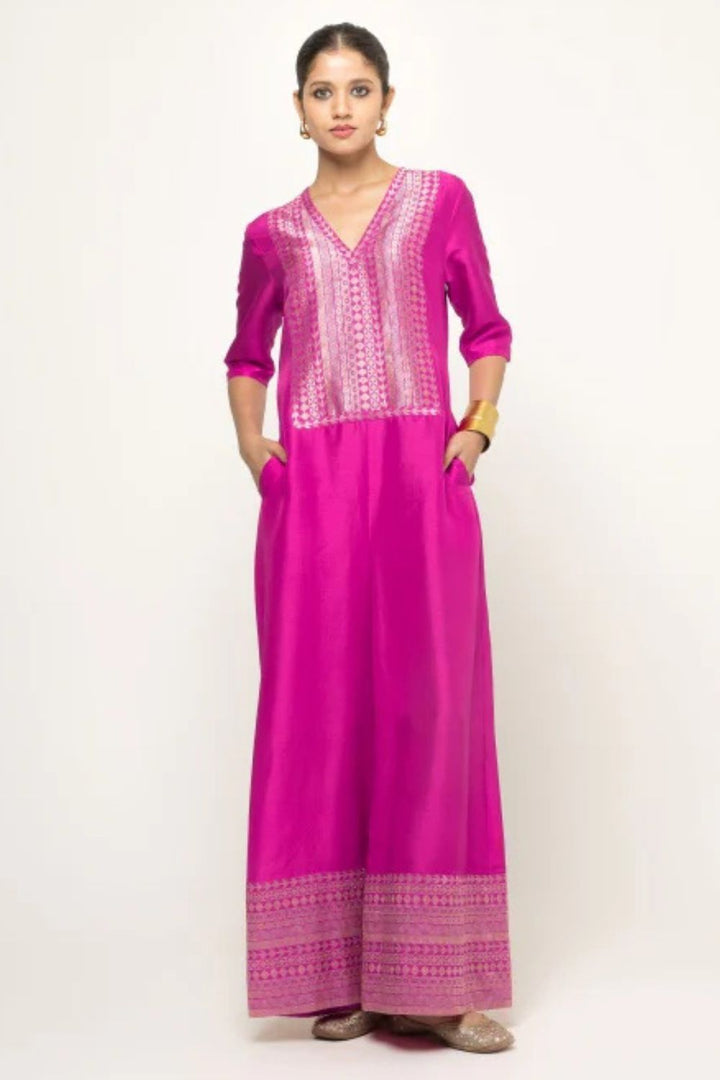 Sayra-Statement Silk Jumpsuit with Brocade detail (Pink)