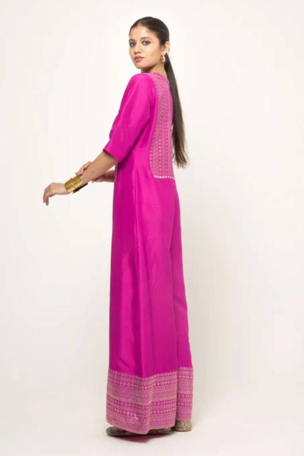 Sayra-Statement Silk Jumpsuit with Brocade detail (Pink)