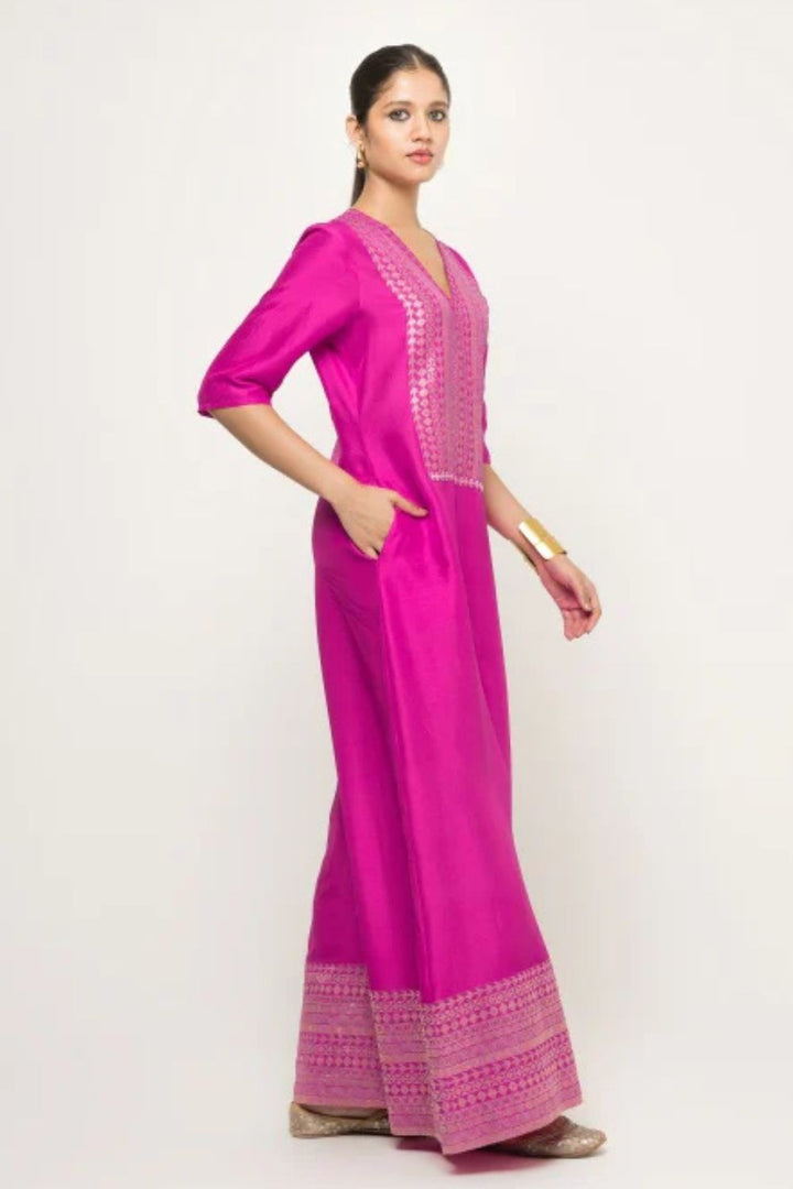 Sayra-Statement Silk Jumpsuit with Brocade detail (Pink)