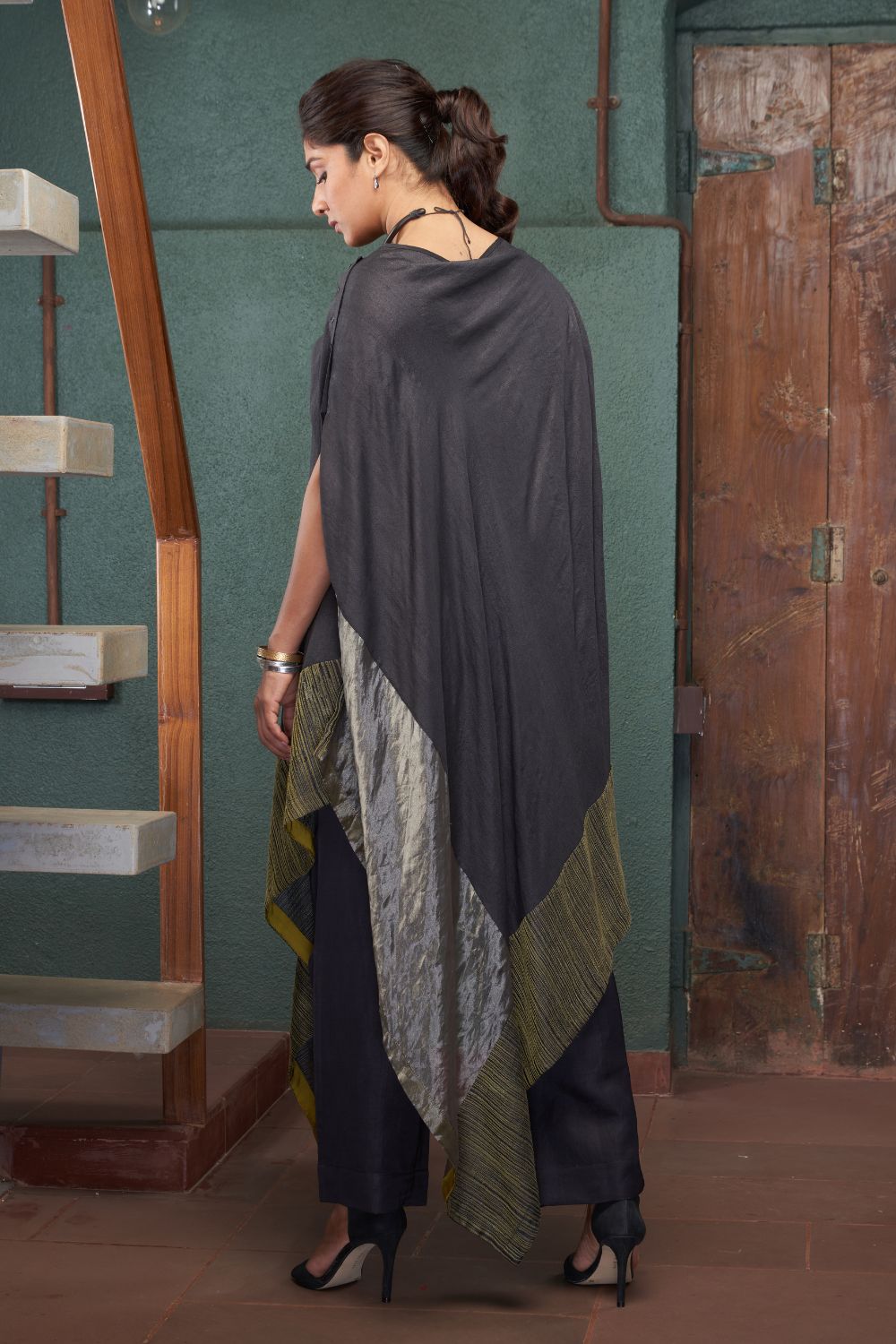 Charcoal Asymmetrical Silk Tussar Kurta with Linen Pants