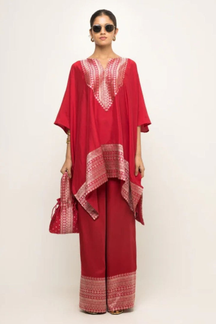 Triya-Assymetrical Benerasi Silk Kurta & Pants set with Brocade Detail (Red)