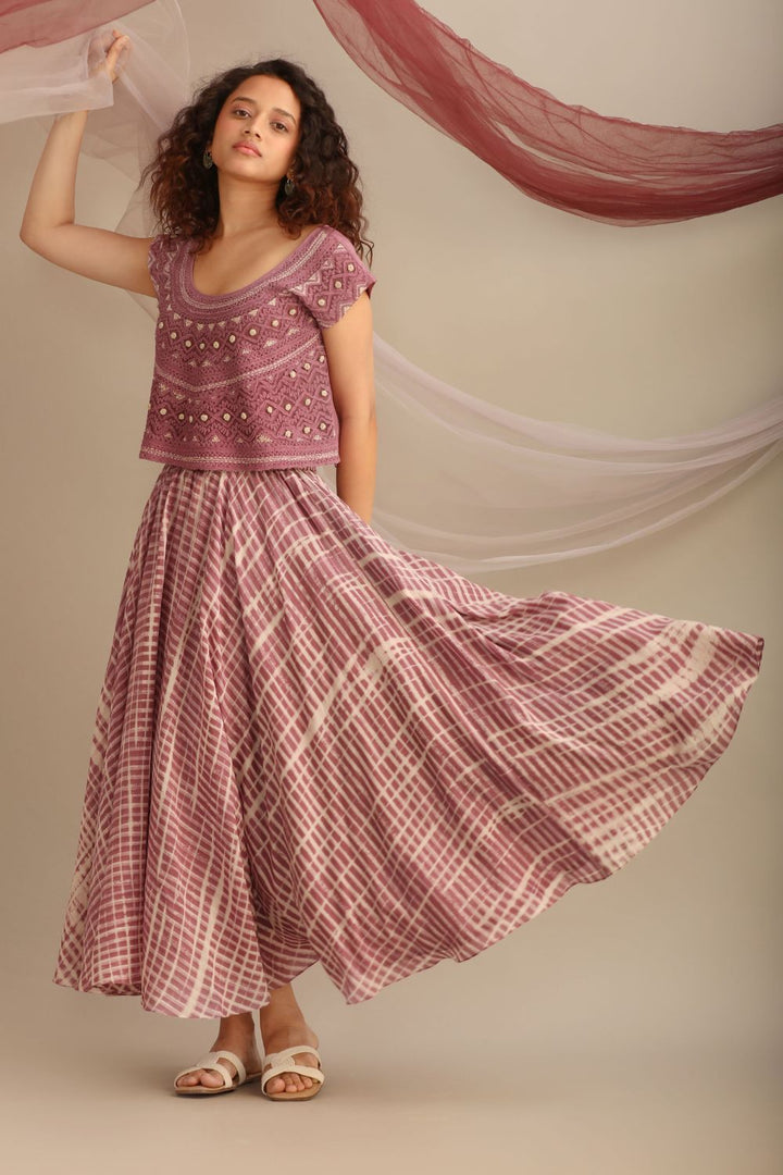 Lavender chiffon cording  handwork  crop top with circular skirt