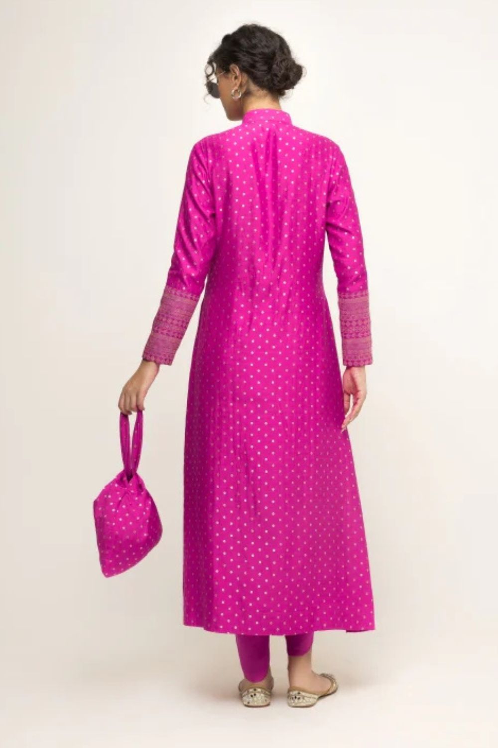 Rani-Long Dotted Statement Brocade Jacket - Dhoti Set (Pink)