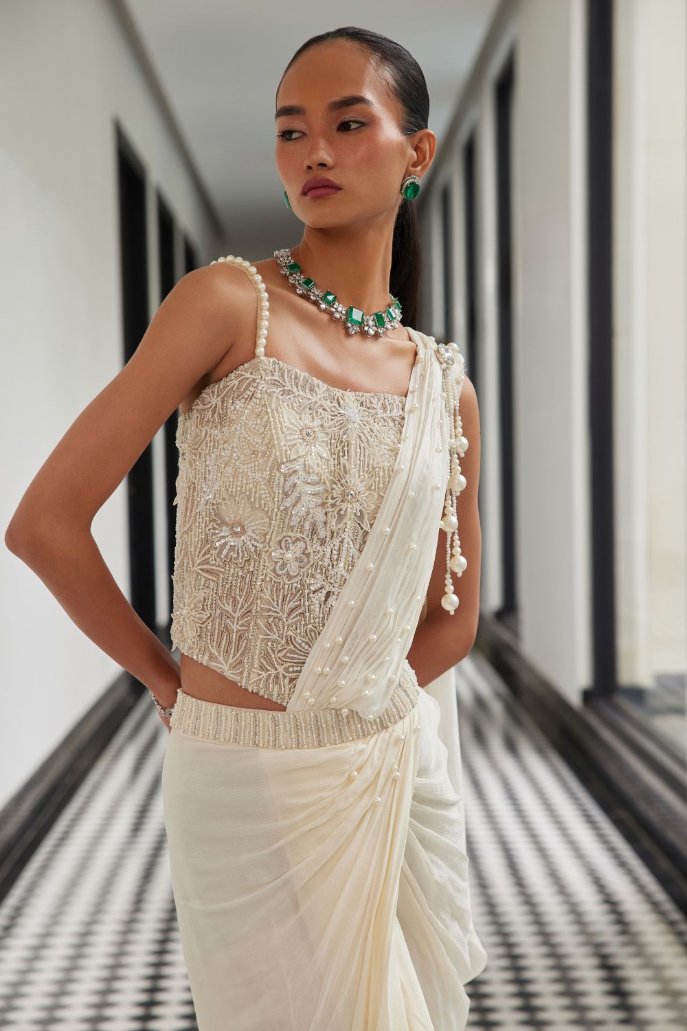 Ivory Drape Saree with a Corset Blouse