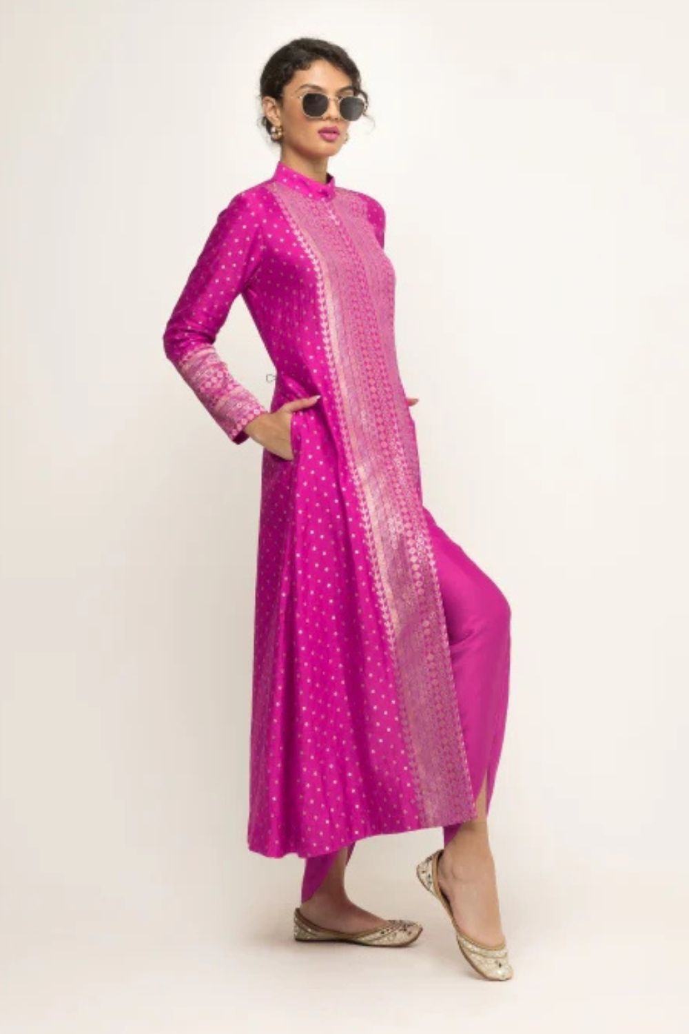 Rani-Long Dotted Statement Brocade Jacket - Dhoti Set (Pink)