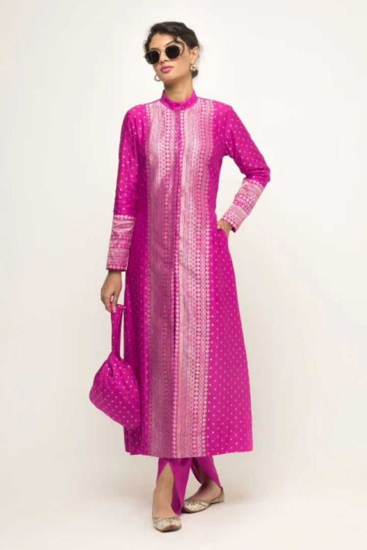 Rani-Long Dotted Statement Brocade Jacket - Dhoti Set (Pink)