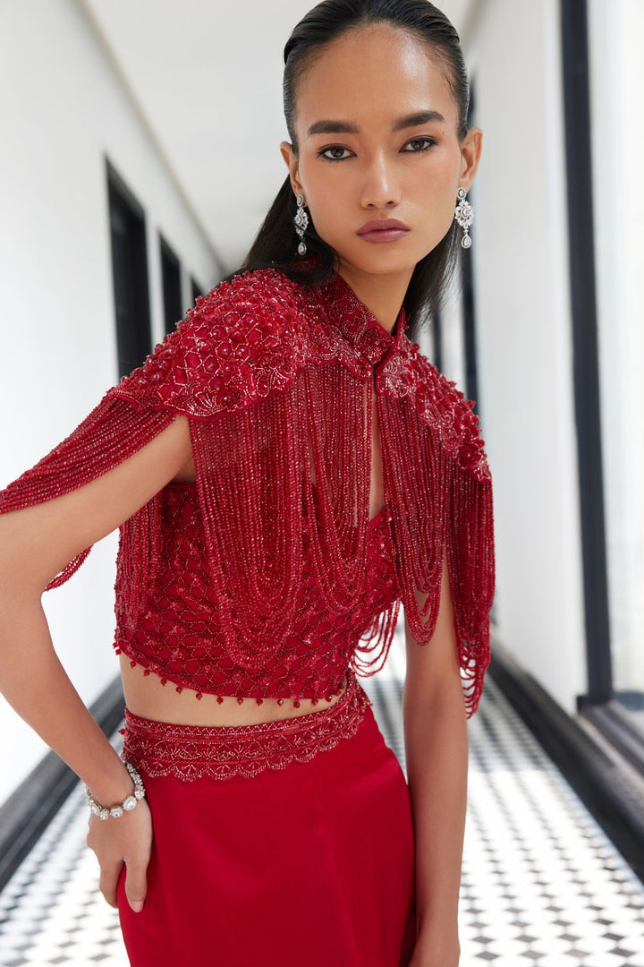 Red Crystal Cape with a Satin Slit Skirt