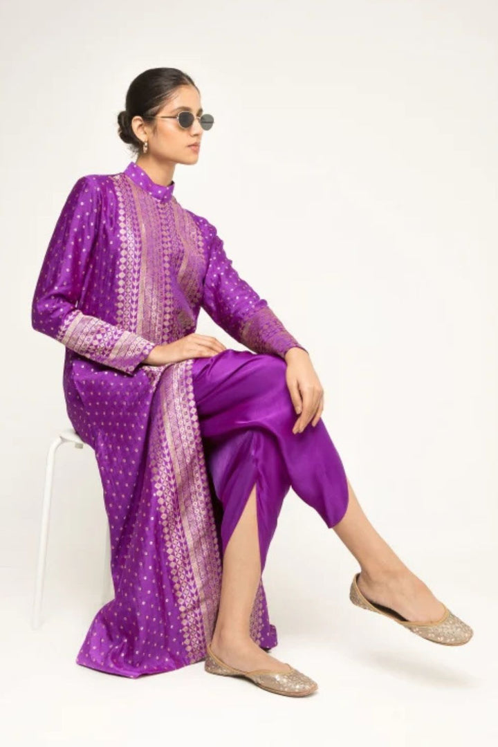 Rani-Long Dotted Statement Brocade Jacket - Dhoti Set (Purple)