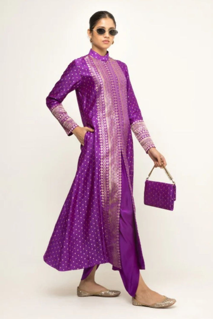 Rani-Long Dotted Statement Brocade Jacket - Dhoti Set (Purple)