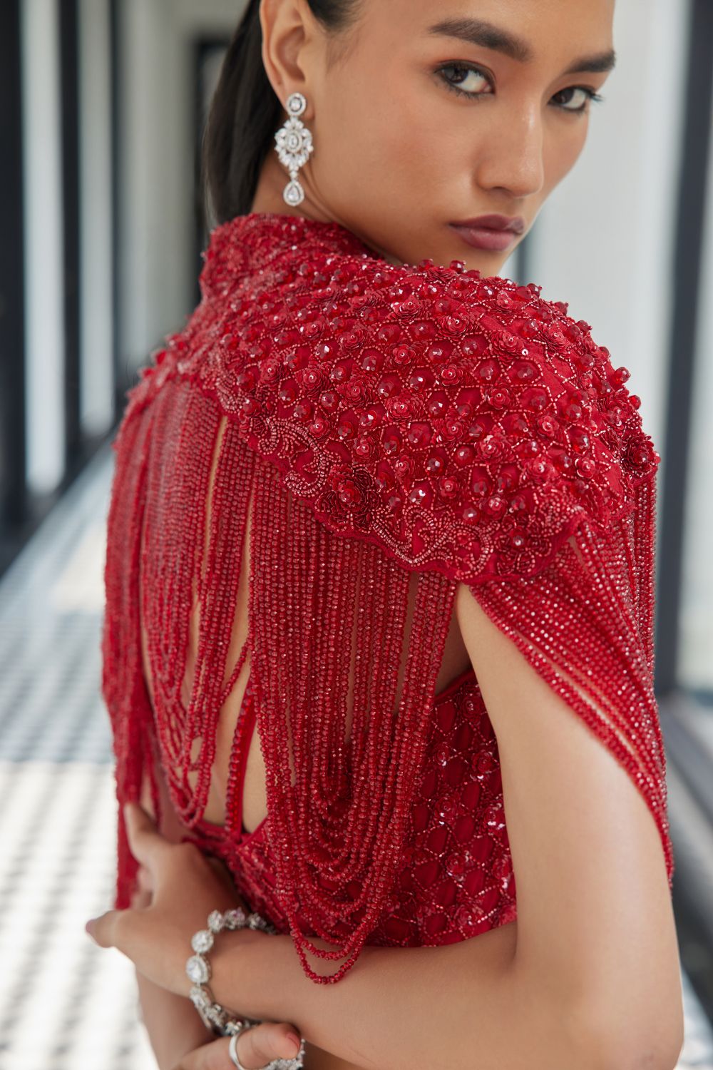 Red Crystal Cape with a Satin Slit Skirt