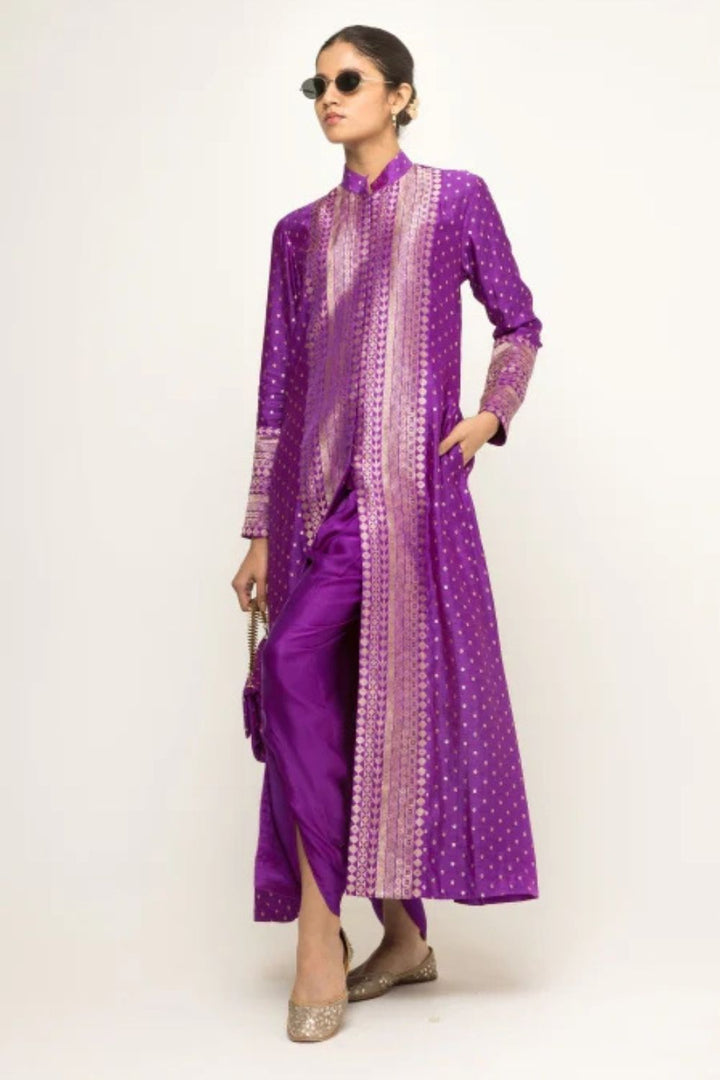 Rani-Long Dotted Statement Brocade Jacket - Dhoti Set (Purple)