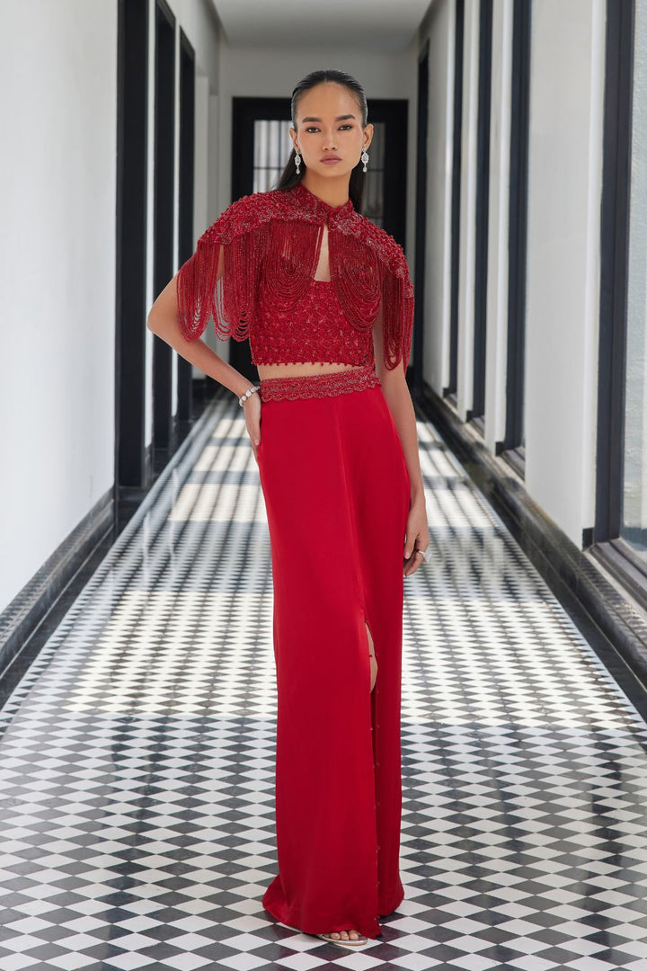 Red Crystal Cape with a Satin Slit Skirt