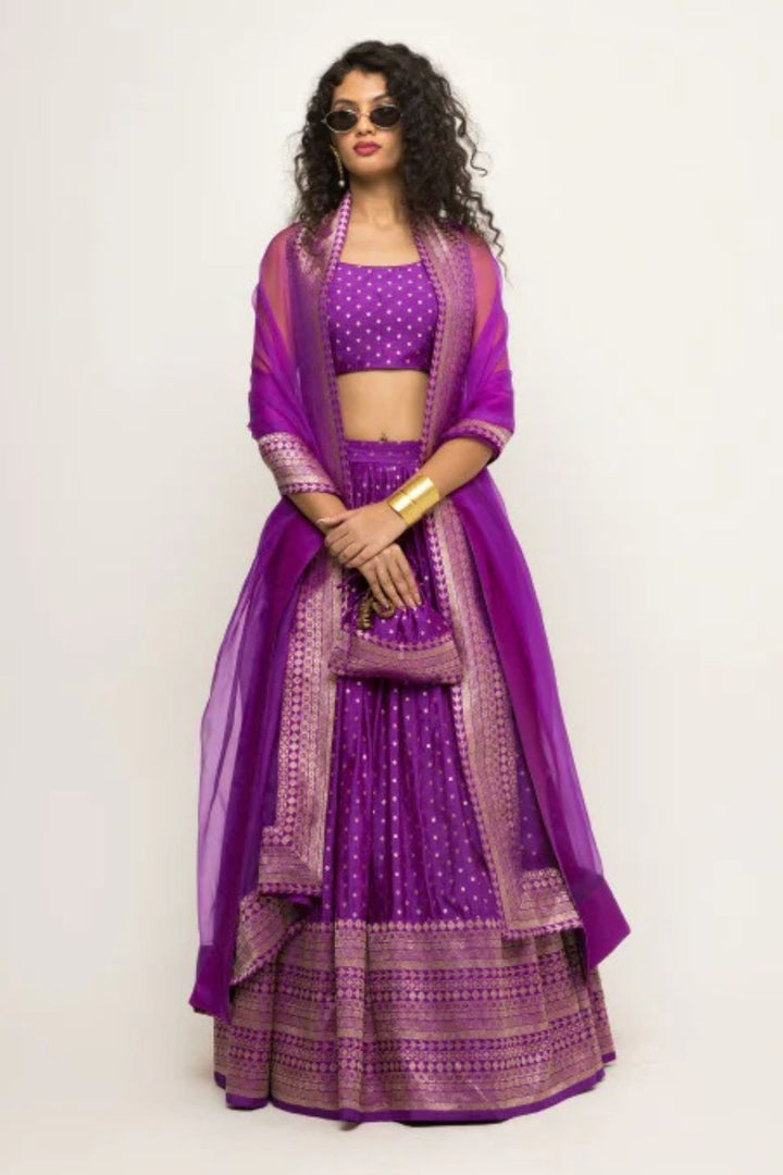 Purple Dotted Brocade Lehenga set