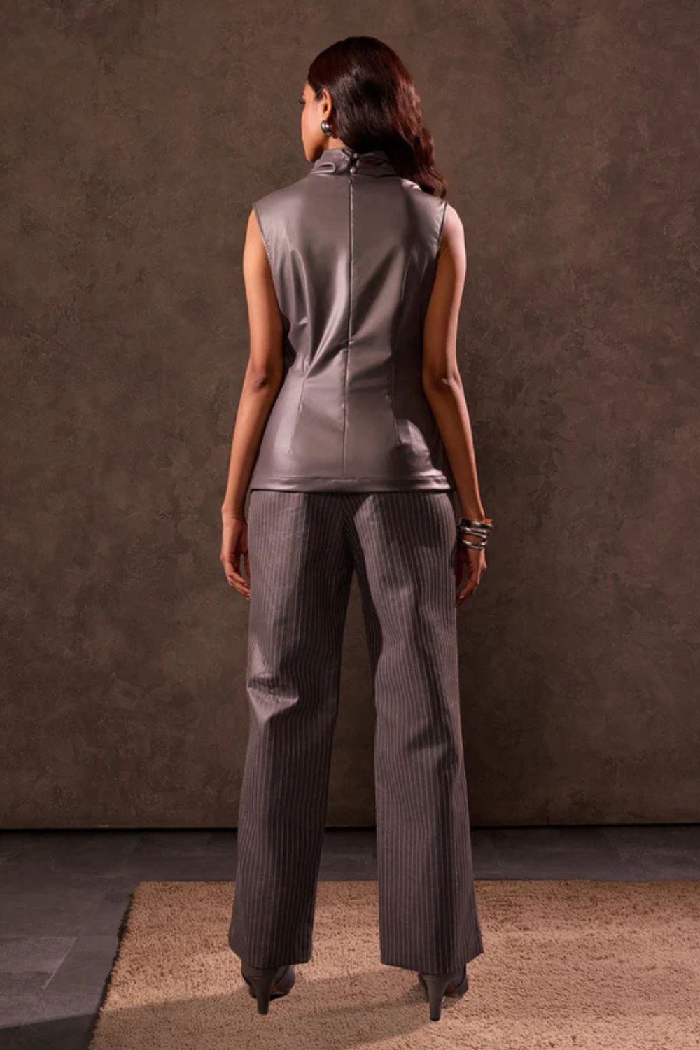 Grey Faux Leather  Straight Fit Trousers