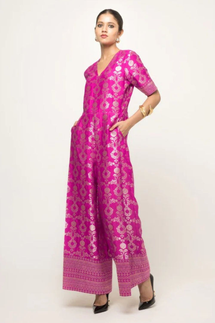 Maya-Statement Brocade Jumpsuit (Pink)