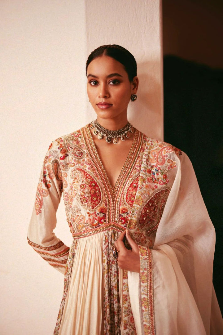 Crushed Kalidar With Printed Panels And Dupatta